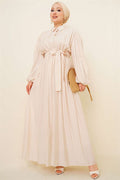 Beige Dress with Gathered Ankles and Elastic Waistband