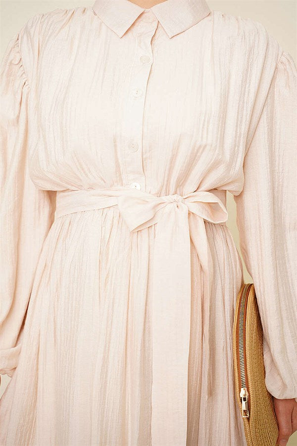 Beige Dress with Gathered Ankles and Elastic Waistband