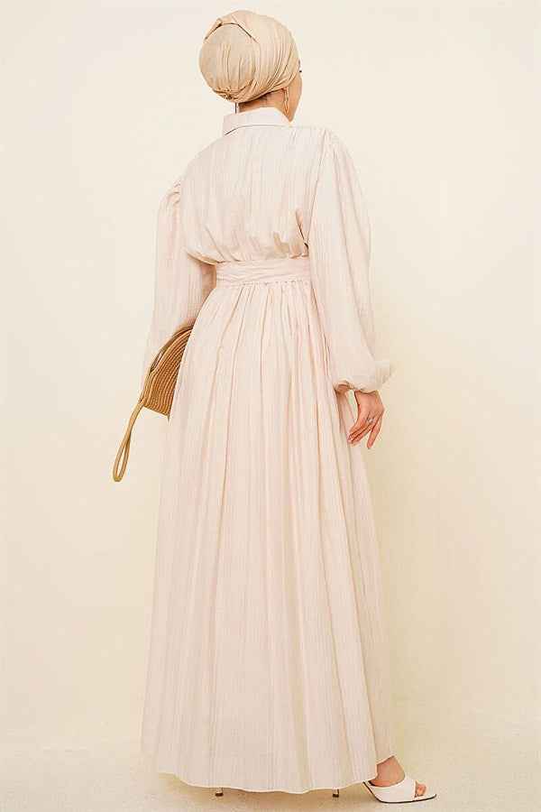 Beige Dress with Gathered Ankles and Elastic Waistband