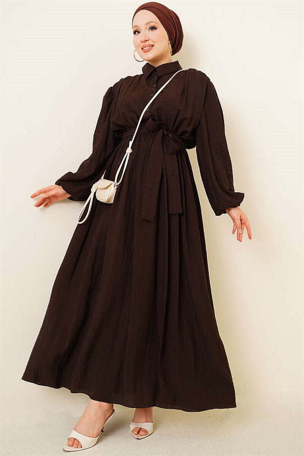 Gathered Ankle Elastic Belted Dress, Brown