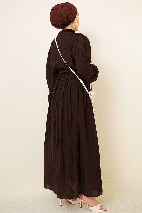 Gathered Ankle Elastic Belted Dress, Brown