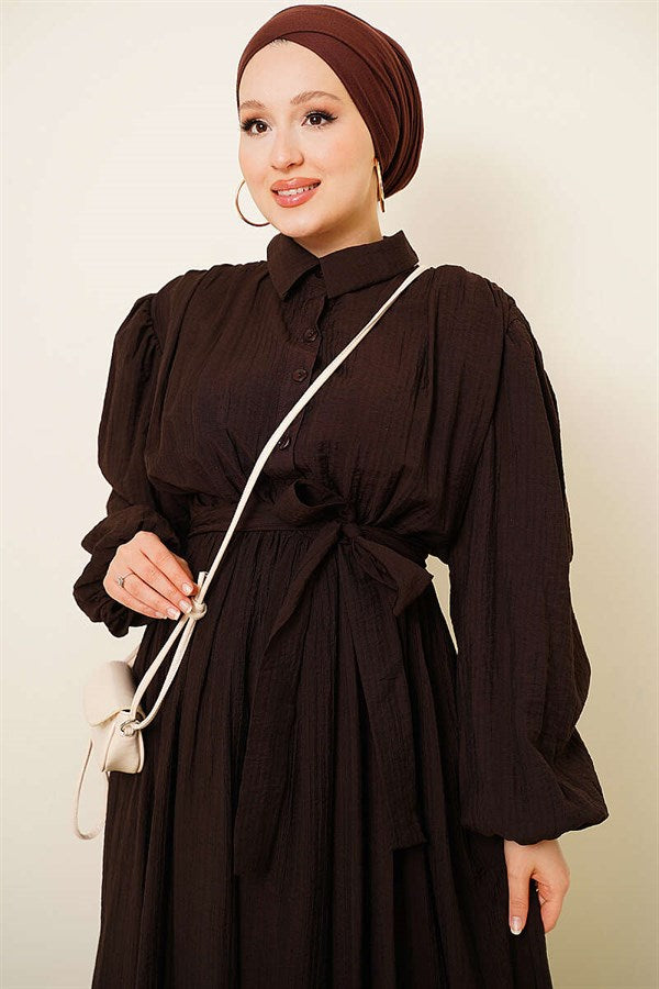 Gathered Ankle Elastic Belted Dress, Brown