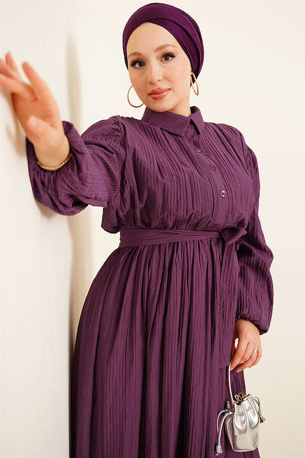 Gathered Dress with Elastic Ankle Straps and Belt, Purple