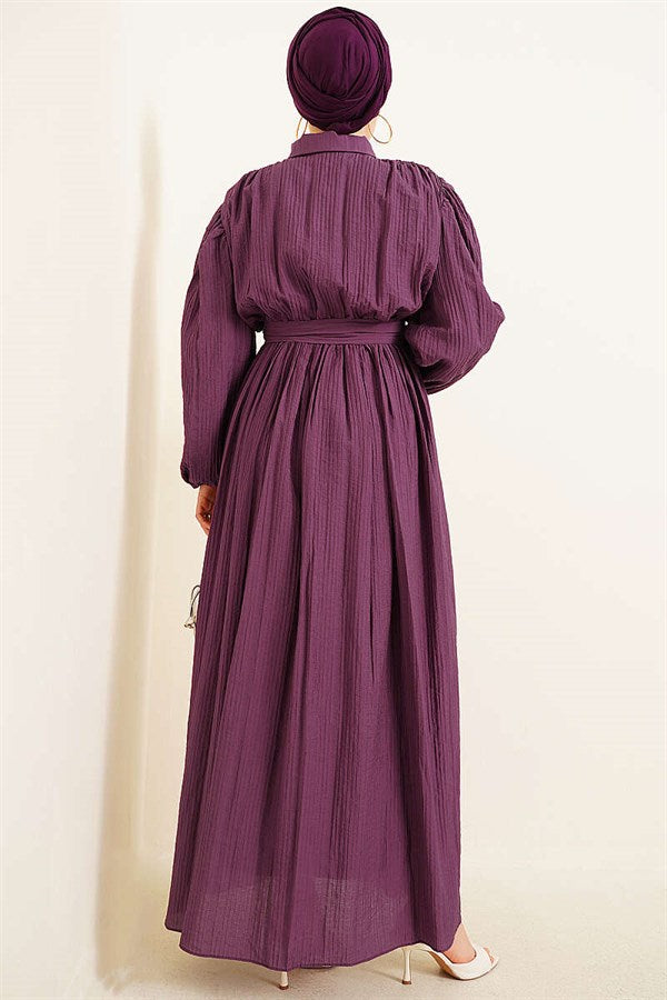 Gathered Dress with Elastic Ankle Straps and Belt, Purple
