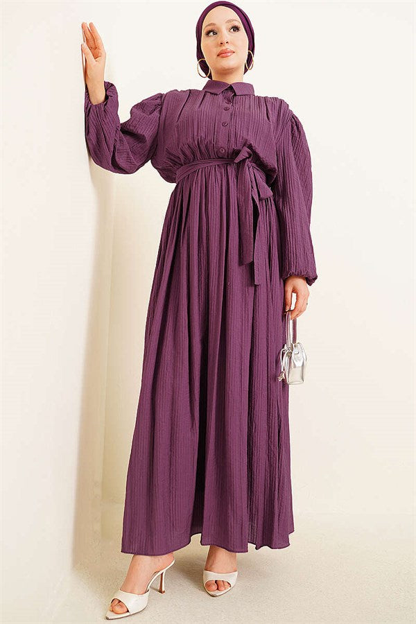 Gathered Dress with Elastic Ankle Straps and Belt, Purple