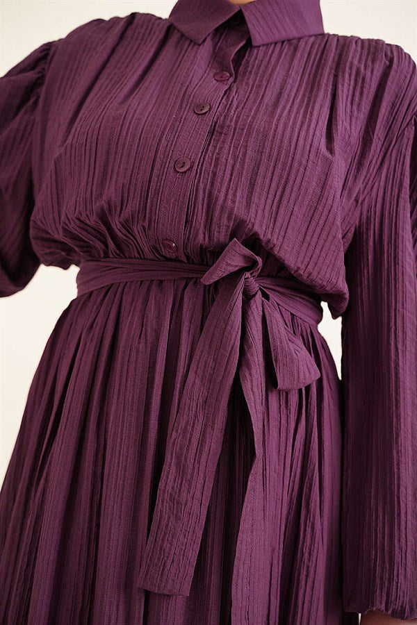 Gathered Dress with Elastic Ankle Straps and Belt, Purple