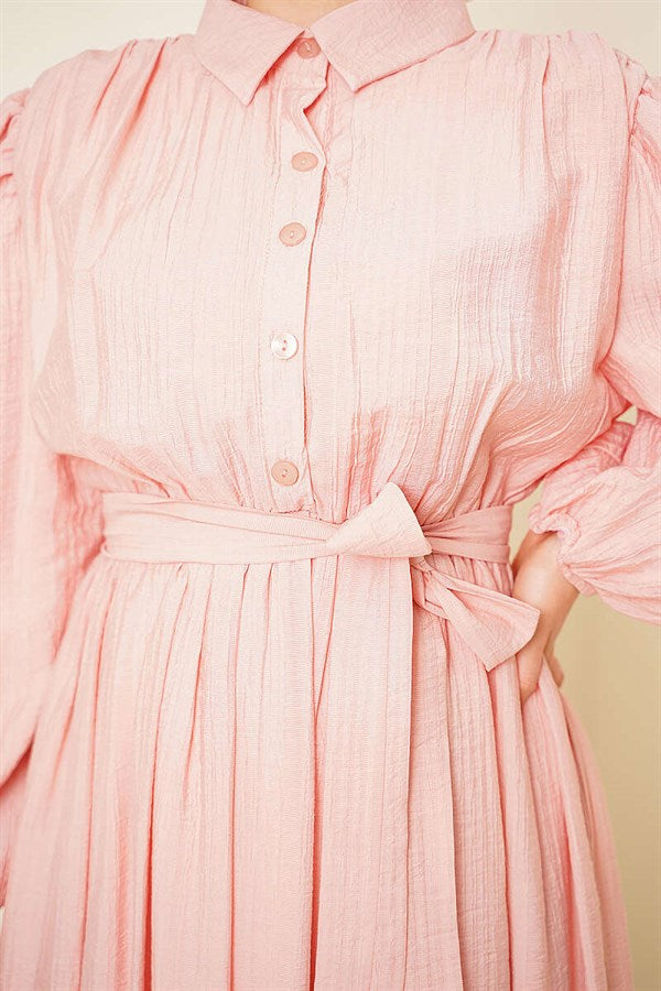 Gathered Ankle Elastic Belted Dress Powder Pink
