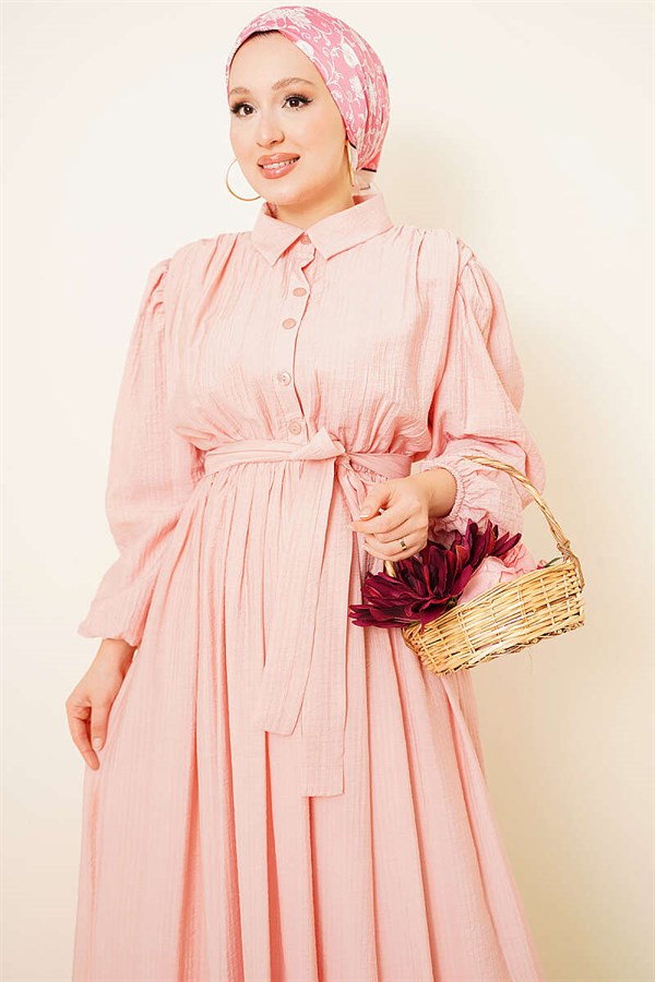 Gathered Ankle Elastic Belted Dress Powder Pink