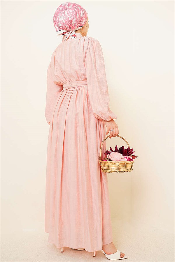Gathered Ankle Elastic Belted Dress Powder Pink