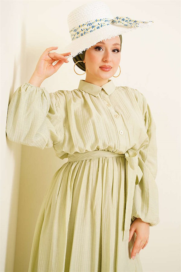 Gathered Dress with Elasticated Ankles and Belt, Aqua Green