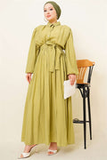 Gathered Dress with Elasticated Ankles and Belt, Olive Green
