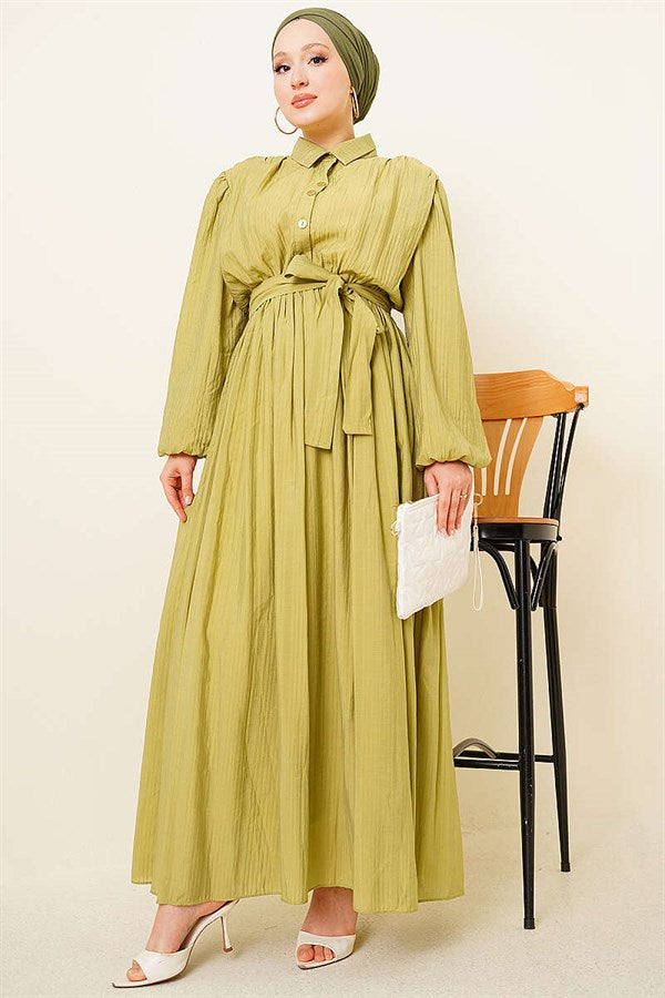 Gathered Dress with Elasticated Ankles and Belt, Olive Green