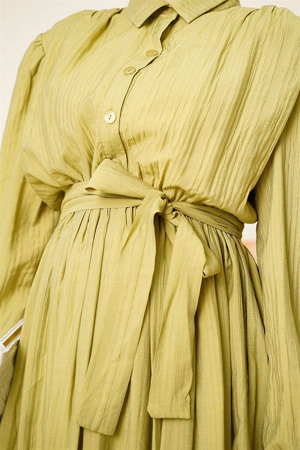 Gathered Dress with Elasticated Ankles and Belt, Olive Green