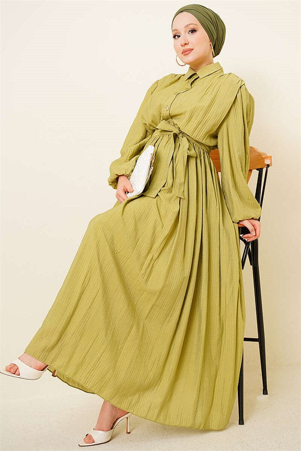 Gathered Dress with Elasticated Ankles and Belt, Olive Green