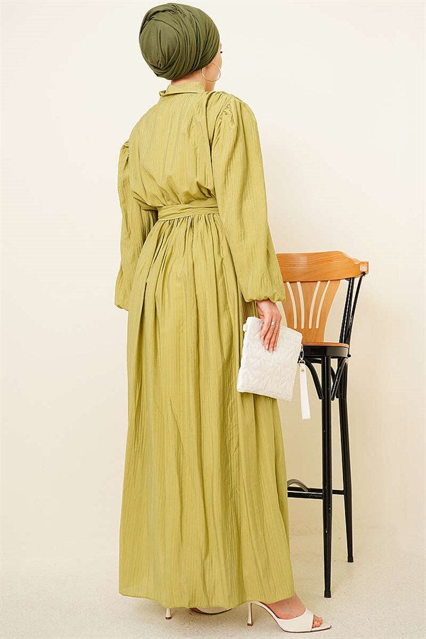 Gathered Dress with Elasticated Ankles and Belt, Olive Green
