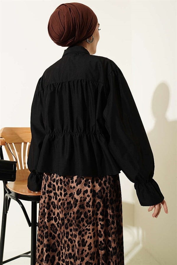 Gathered Bow Short Shirt Black
