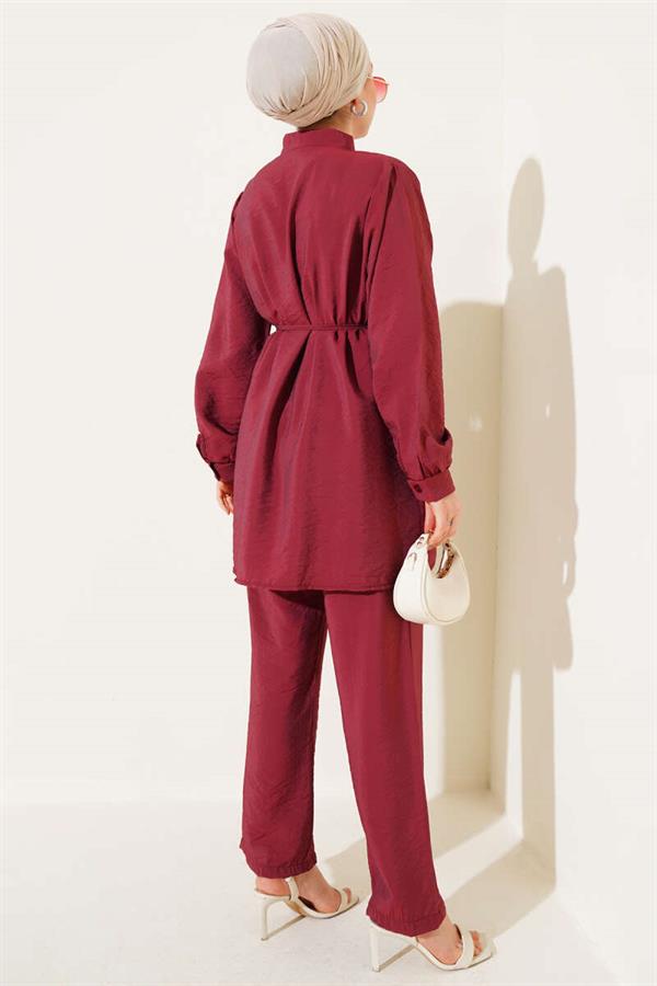Basic 2 Piece Set with Drawstring Belt Claret Red
