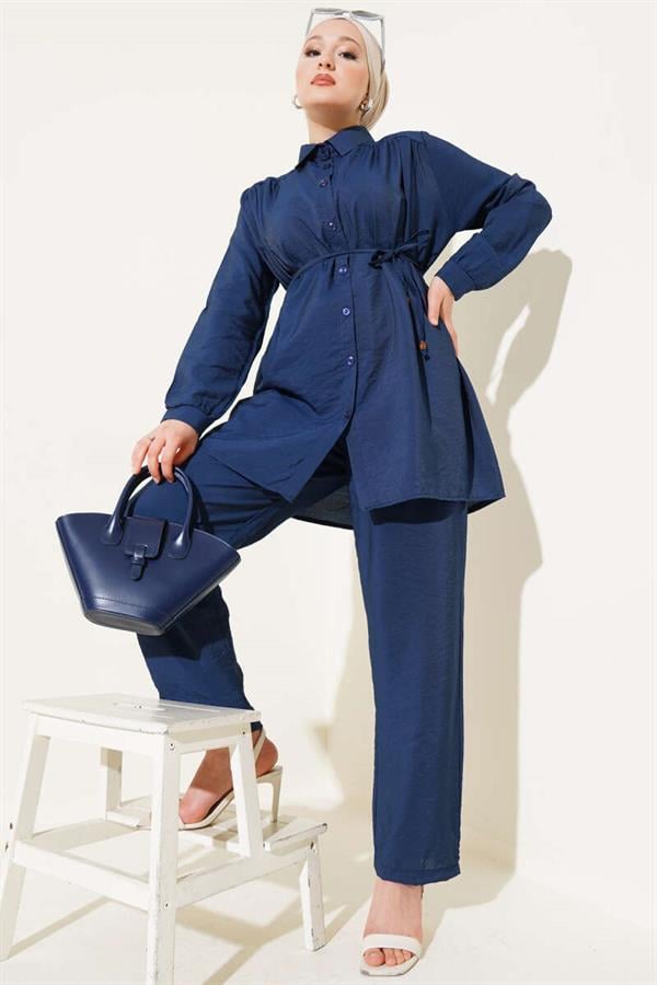 Basic 2 Piece Set with Drawstring Belt Navy Blue