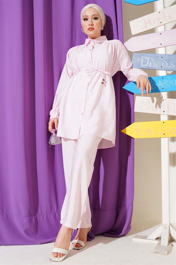 Basic 2 Piece Set with Drawstring Belt Pink