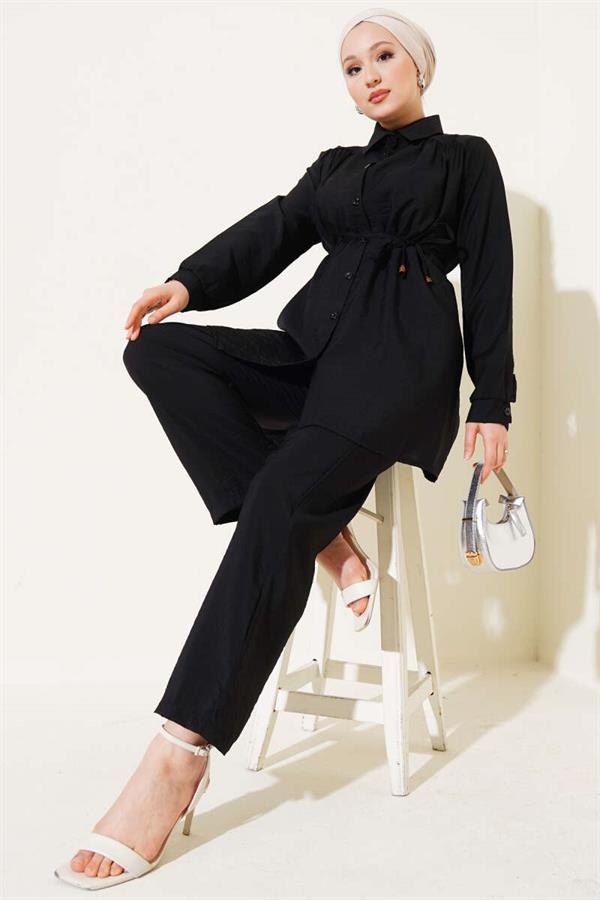 Basic 2 Piece Set with Drawstring Belt Black