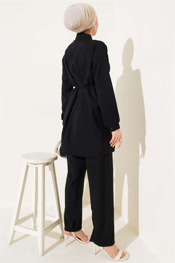 Basic 2 Piece Set with Drawstring Belt Black