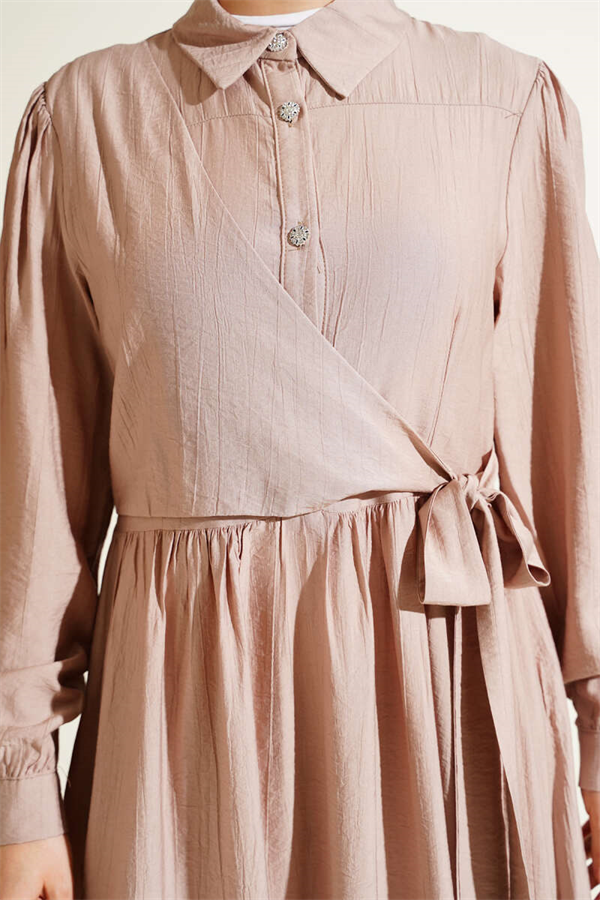 Cross-Laced Stone Button Dress, Beige