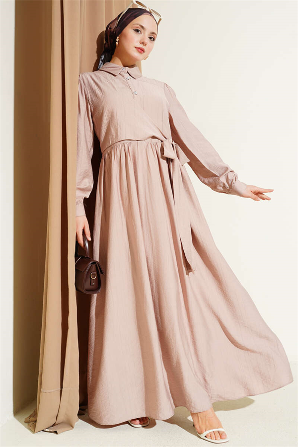 Cross-Laced Stone Button Dress, Beige