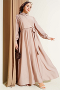Cross-Laced Stone Button Dress, Beige