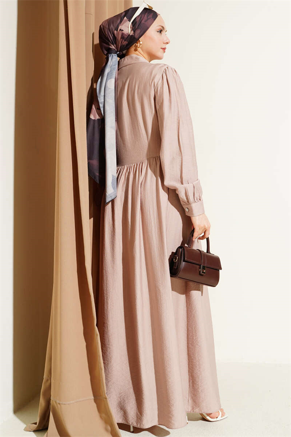 Cross-Laced Stone Button Dress, Beige