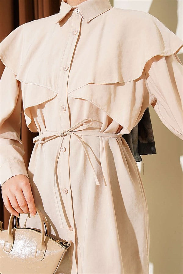 Cross Detail Belted Shirt Beige