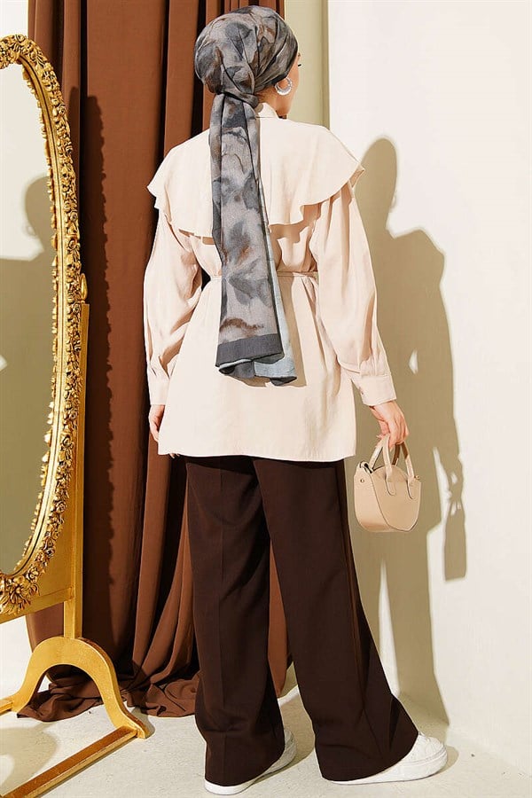 Cross Detail Belted Shirt Beige