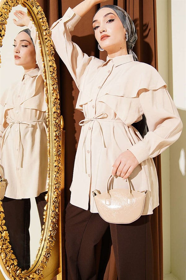 Cross Detail Belted Shirt Beige