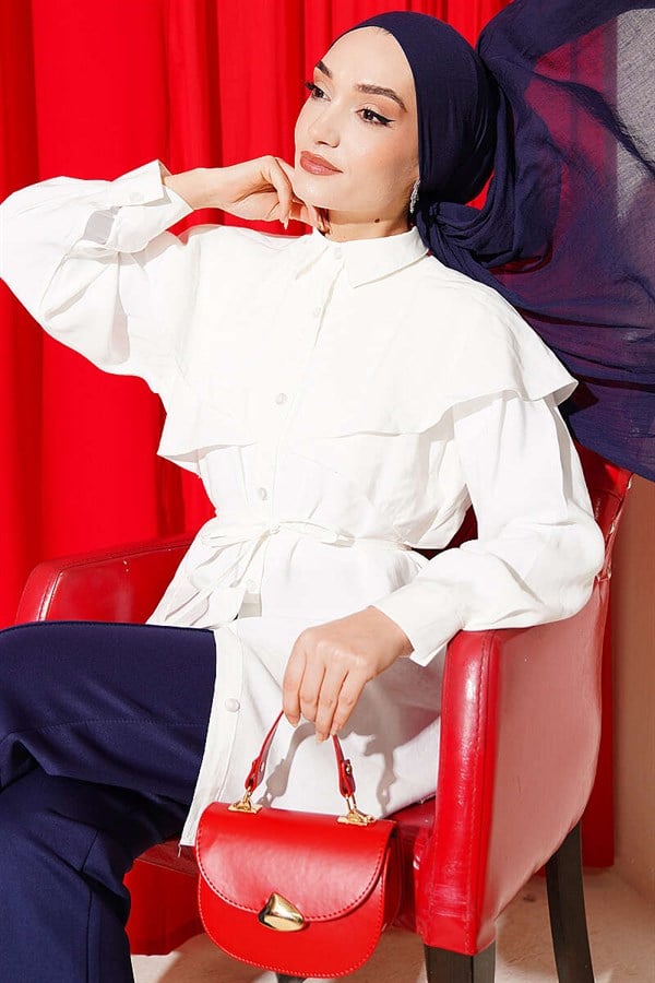 Cross Detail Drawstring Belted Shirt, Ecru