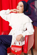 Cross Detail Drawstring Belted Shirt, Ecru