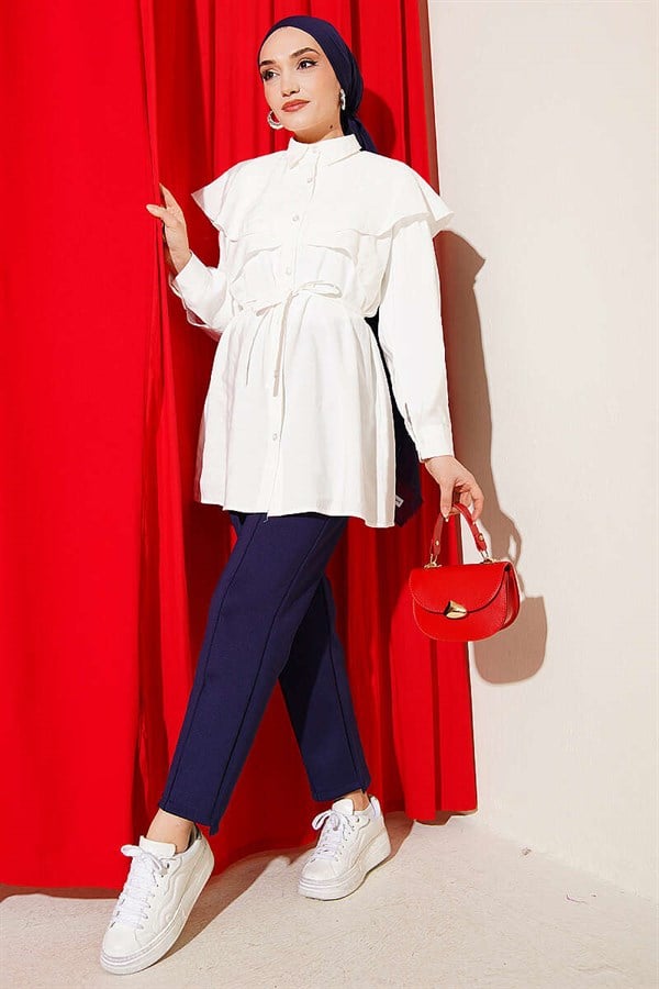 Cross Detail Drawstring Belted Shirt, Ecru
