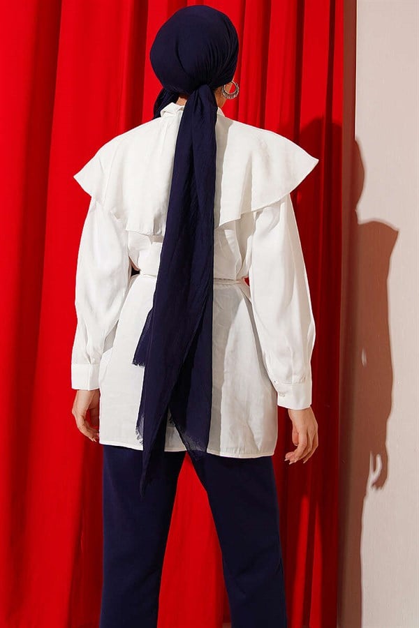 Cross Detail Drawstring Belted Shirt, Ecru