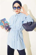 Cross Detail Drawstring Belted Shirt Blue