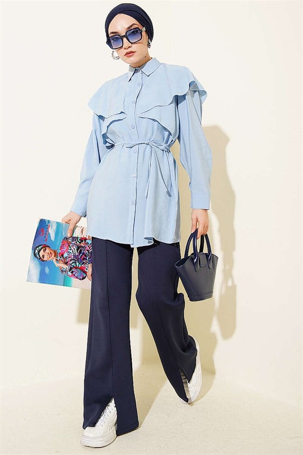 Cross Detail Drawstring Belted Shirt Blue