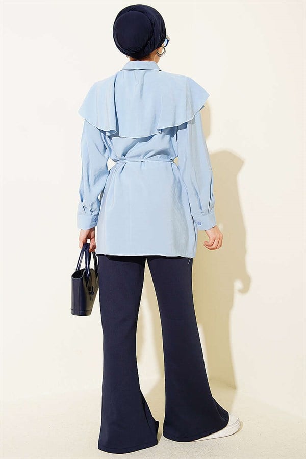 Cross Detail Drawstring Belted Shirt Blue