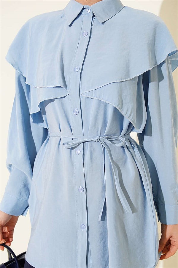 Cross Detail Drawstring Belted Shirt Blue