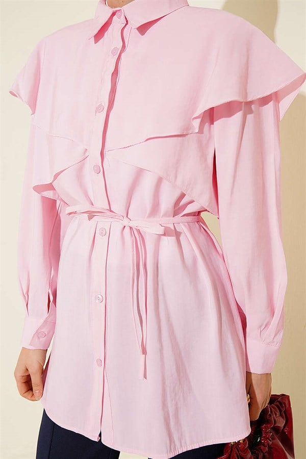 Pink Shirt with Cross Detail and Drawstring Belt