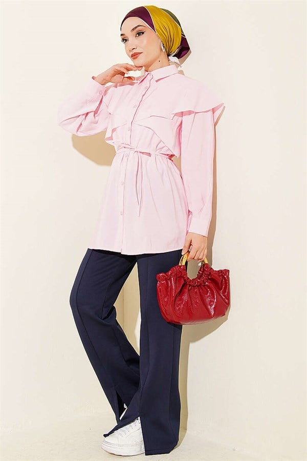 Pink Shirt with Cross Detail and Drawstring Belt