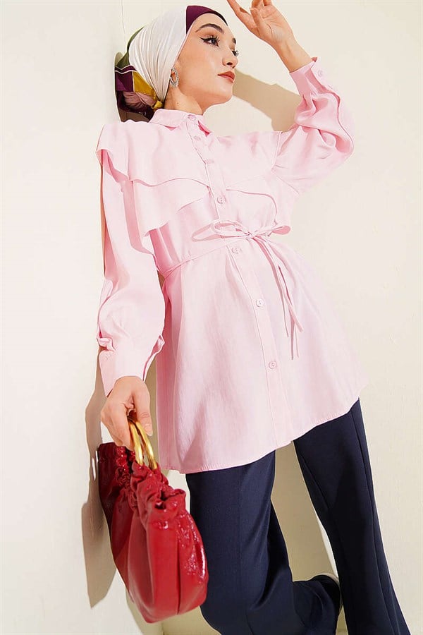 Pink Shirt with Cross Detail and Drawstring Belt