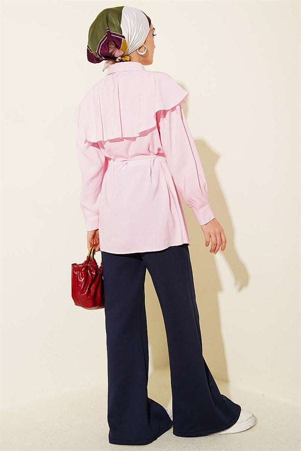 Pink Shirt with Cross Detail and Drawstring Belt