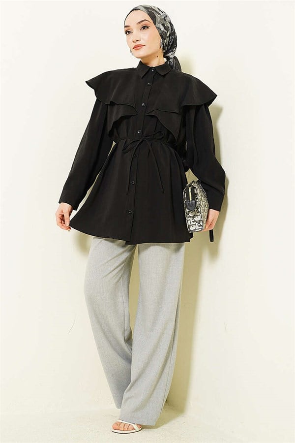 Cross Detail Drawstring Belted Shirt Black