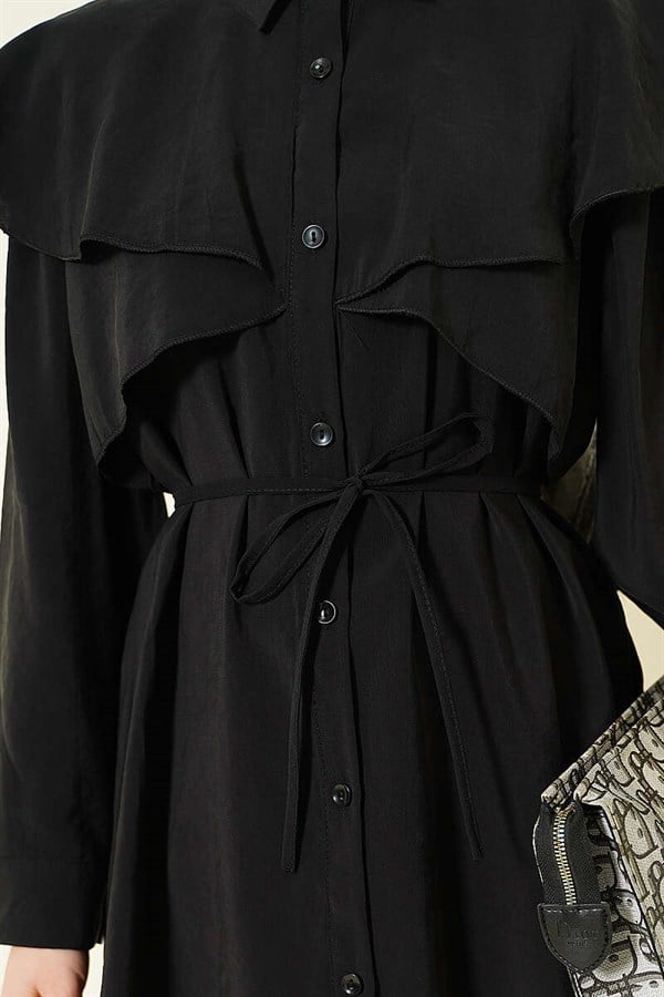 Cross Detail Drawstring Belted Shirt Black