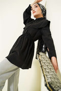 Cross Detail Drawstring Belted Shirt Black