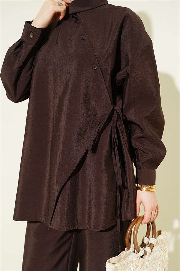 Cross Buttoned Lace-up Parachute 2 Piece Set, Coffee