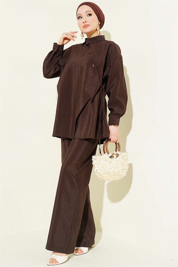 Cross Buttoned Lace-up Parachute 2 Piece Set, Coffee