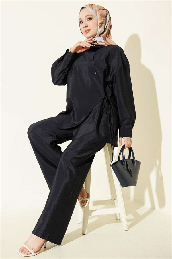 Cross-Buttoned Lace-Up Parachute 2 Piece Set Navy Blue